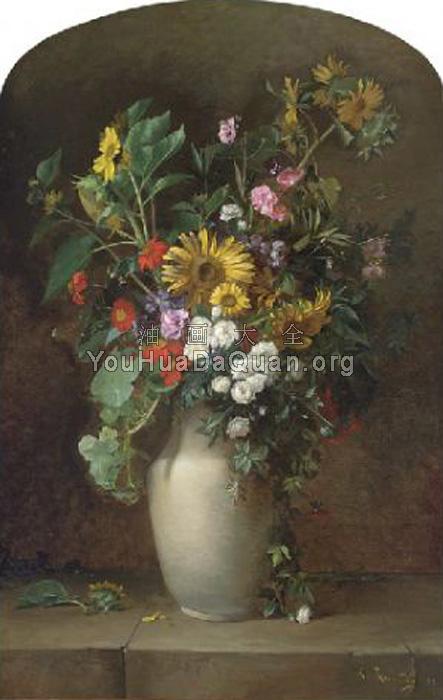 Sunflowers, roses, and other summer blooms in a vase on a stone ledge - 阿尔弗雷德·勒诺丹